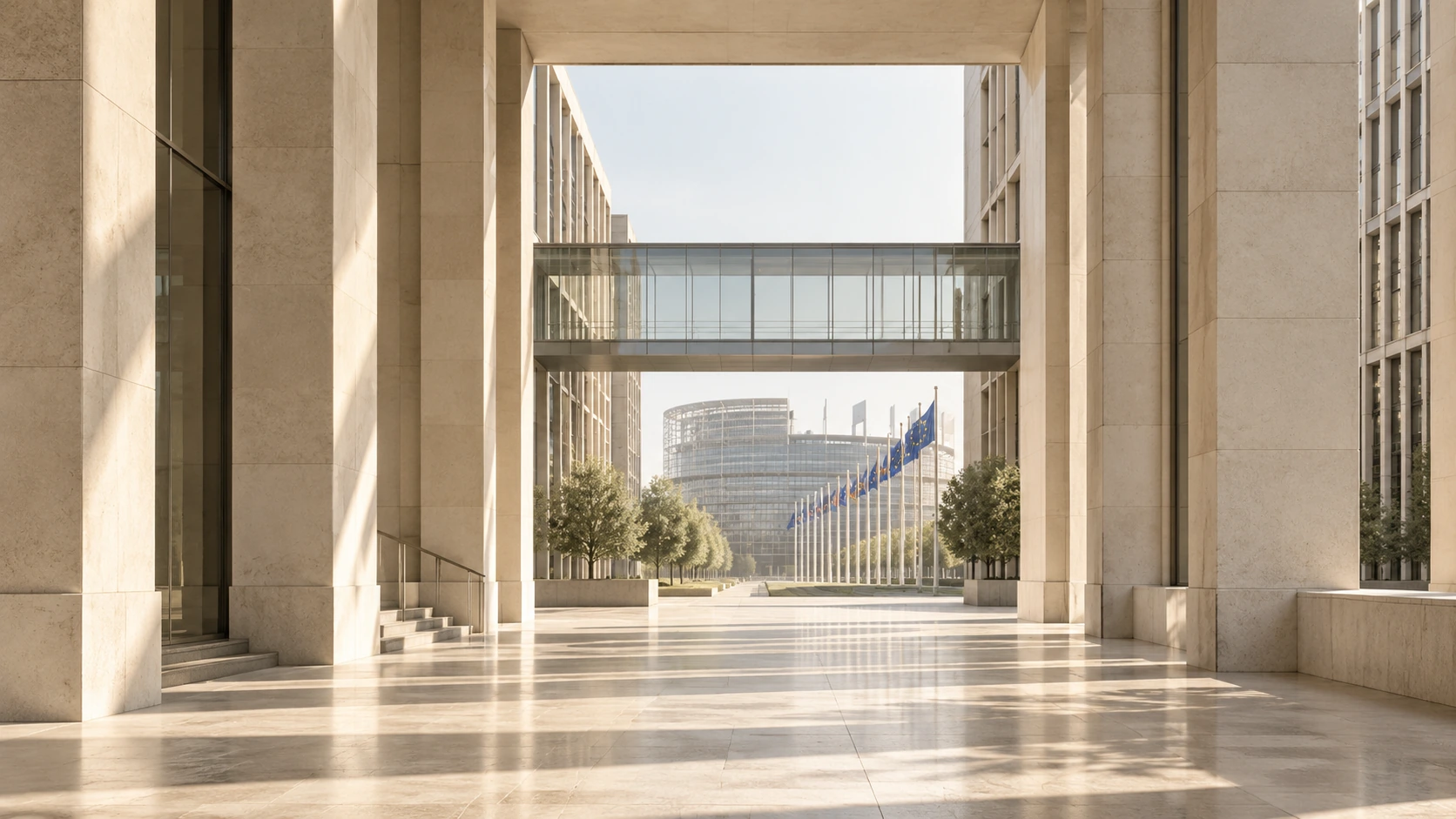 A sunlit limestone gateway framing European institutional architecture