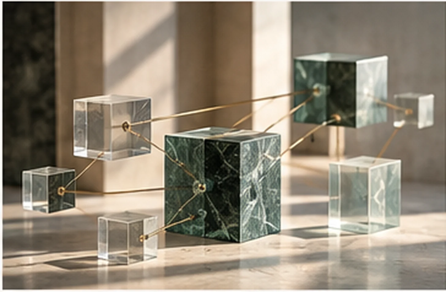 Interconnected transparent structures representing distributed cybersecurity systems.