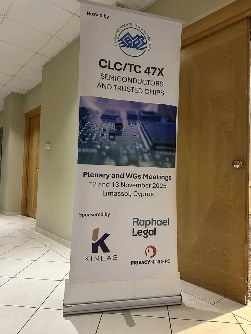 CLC/TC 47X event banner for the Semiconductors and Trusted Chips Plenary and Working Group Meetings in Limassol, showing CYS as host and Raphael Legal, Privacy Minders and KINEAS as sponsors.