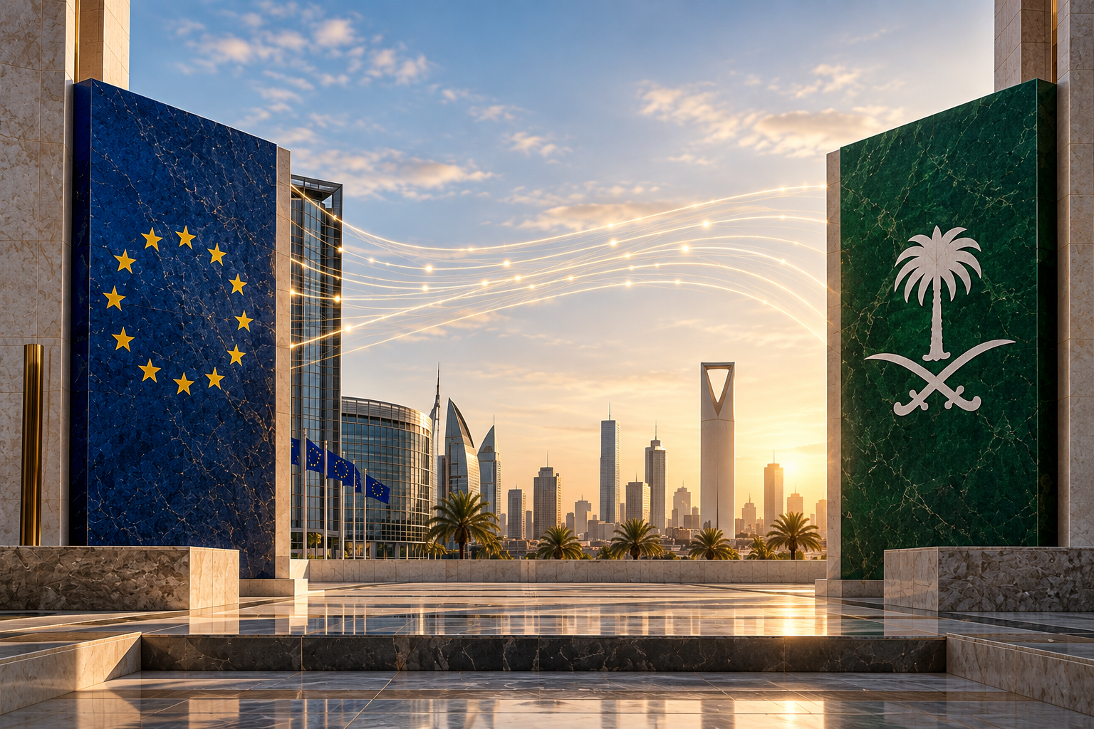 Architectural composition representing a shared cross-border governance framework between Europe and Saudi Arabia.