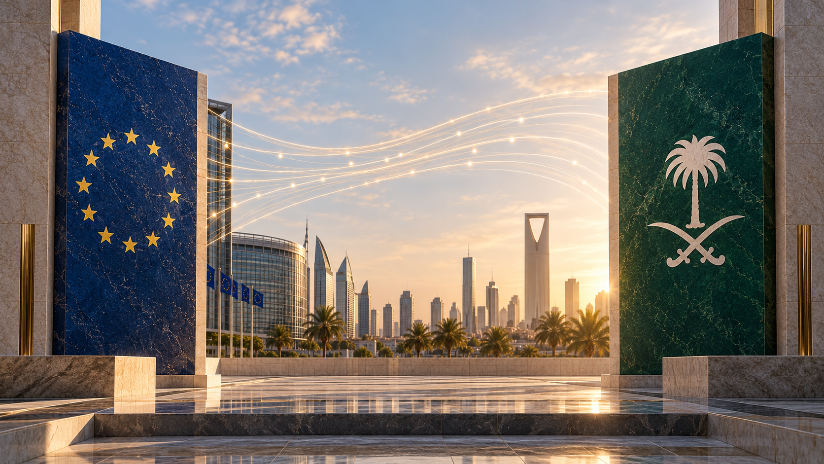 Connected European and Middle Eastern architectural systems representing GDPR and Saudi PDPL cross-border data governance.
