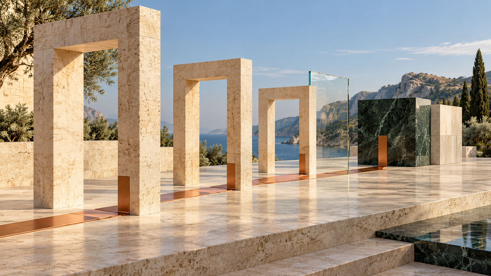 Limestone portals connected by a copper pathway, with glass and dark-green marble structures representing the progression from regulatory requirements to evidence.