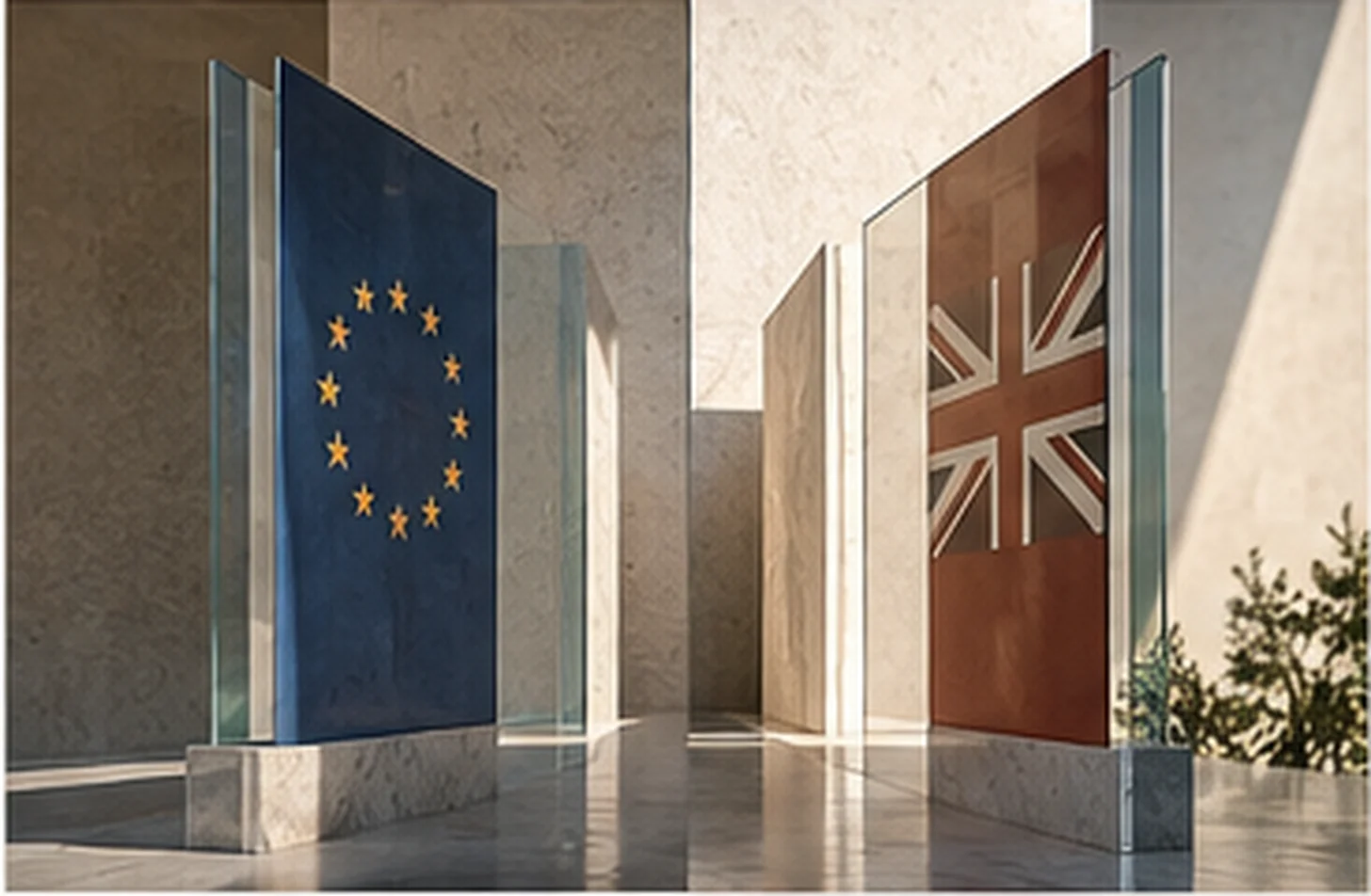 Balanced European and UK structures representing dual-jurisdiction responsibility.