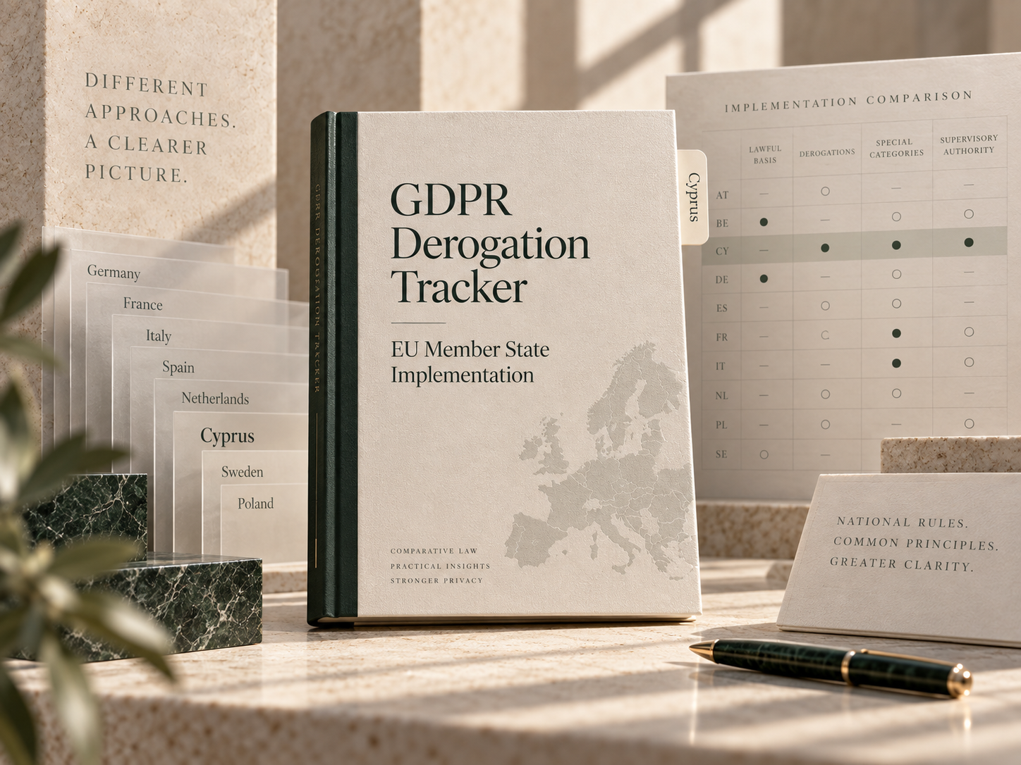 Conceptual GDPR derogation tracker still life, with a Cyprus tab and Member State comparison sheets.