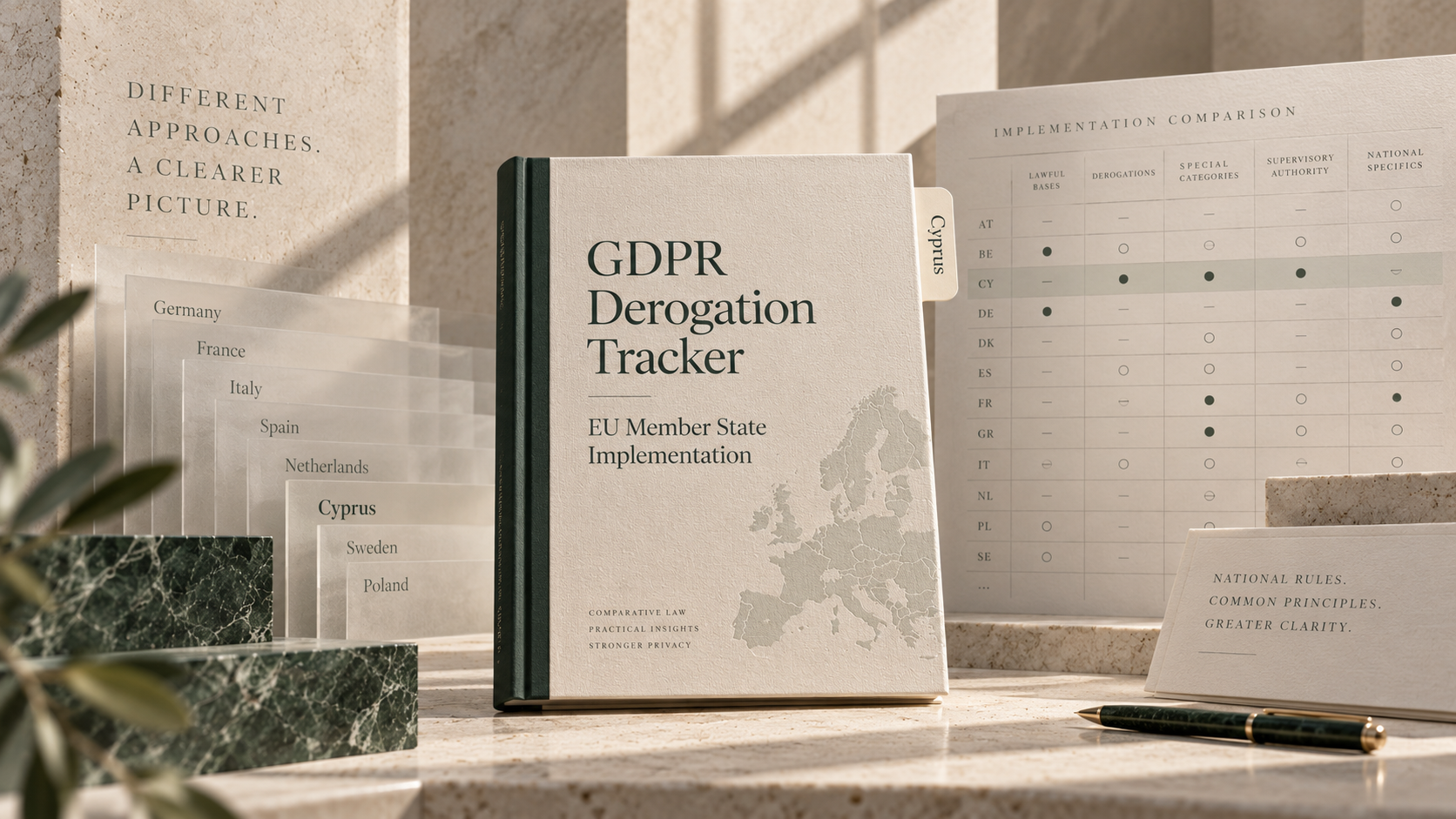 Conceptual GDPR derogation tracker still life, with a Cyprus tab and Member State comparison sheets.