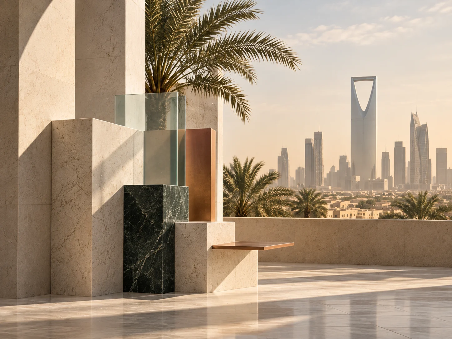 Sunlit Gulf skyline framed by stone architecture.