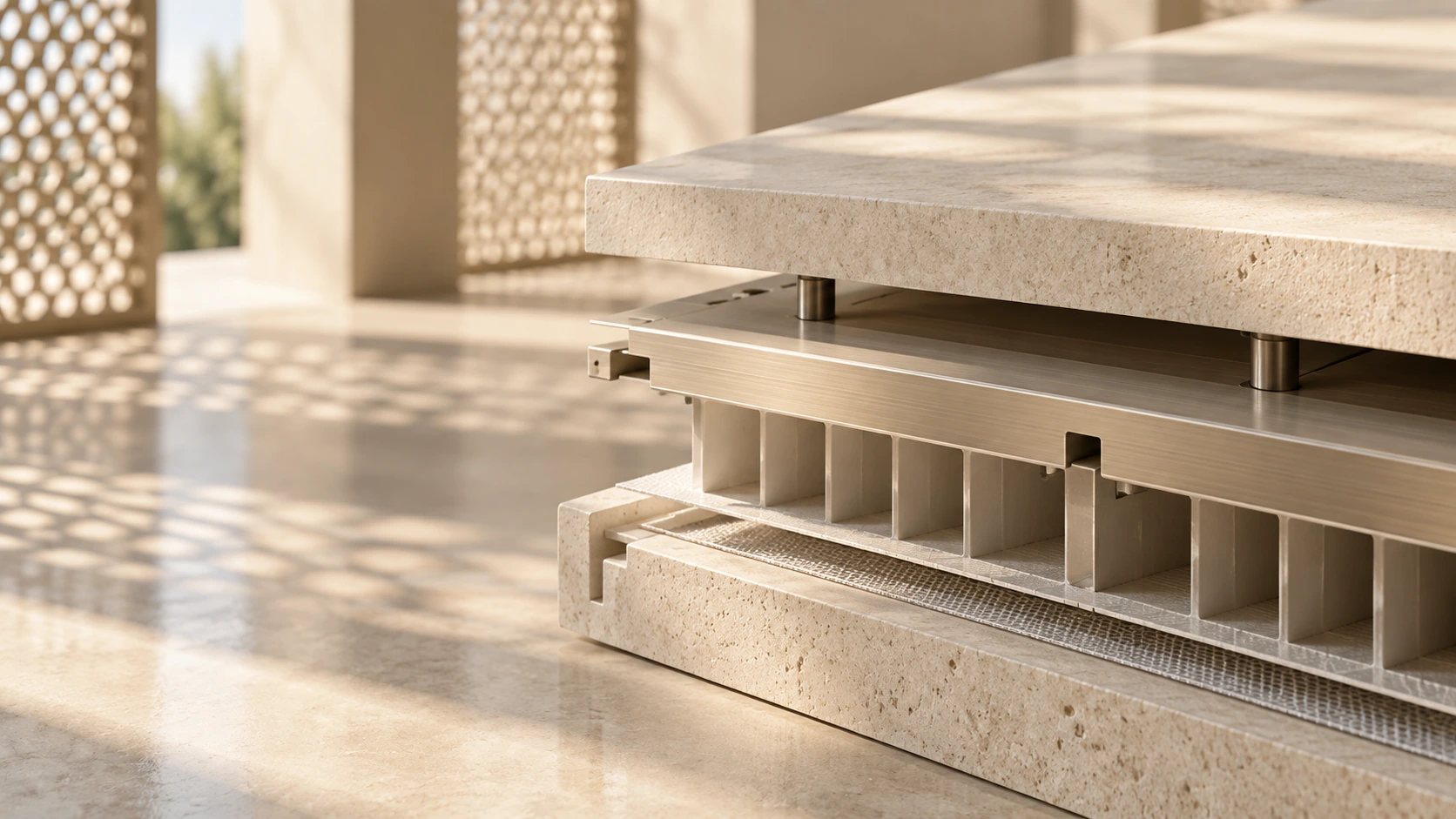 Close architectural detail of layered stone panels and precision structural components