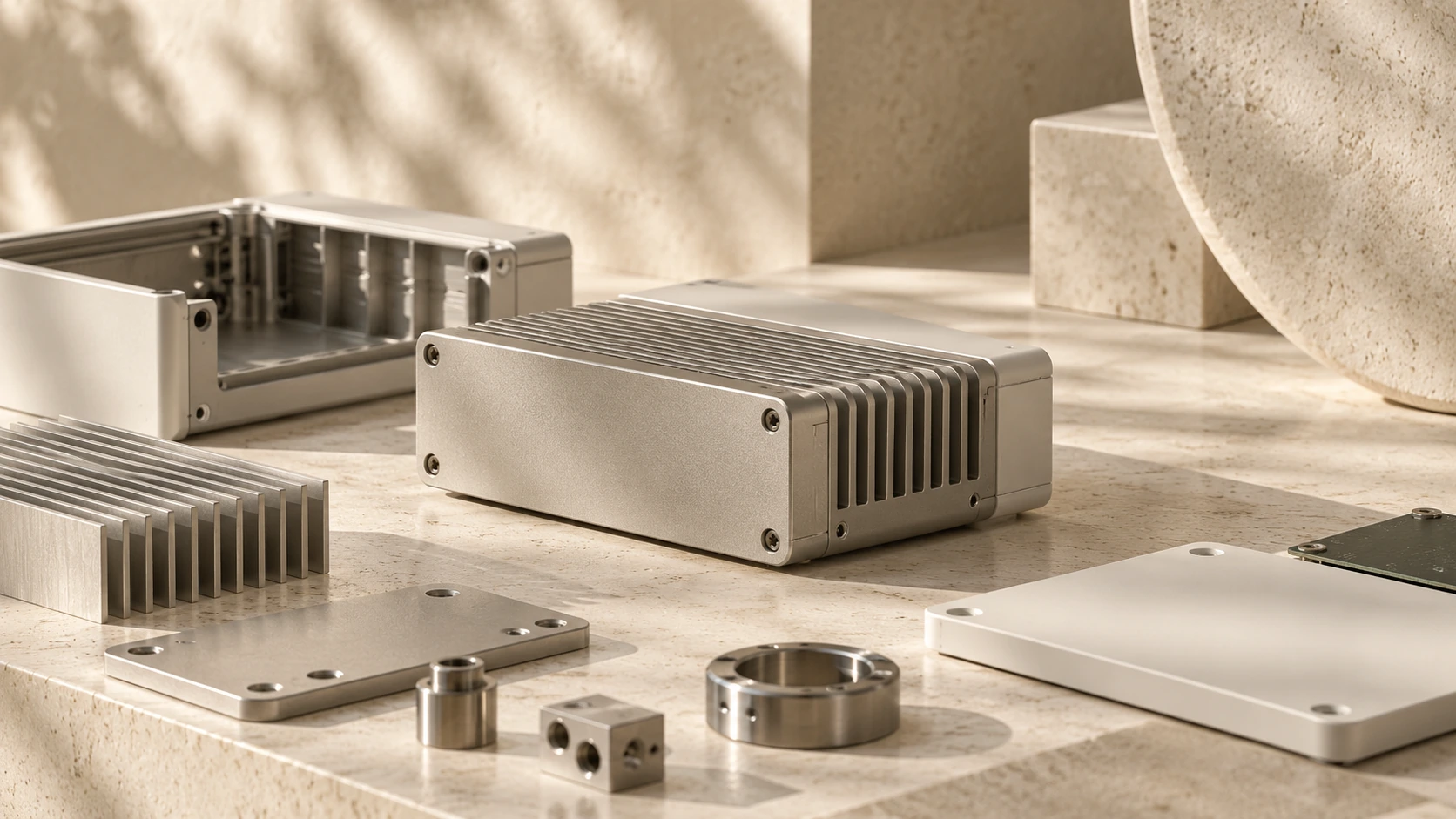 Precisely assembled modular metal objects in warm stone light