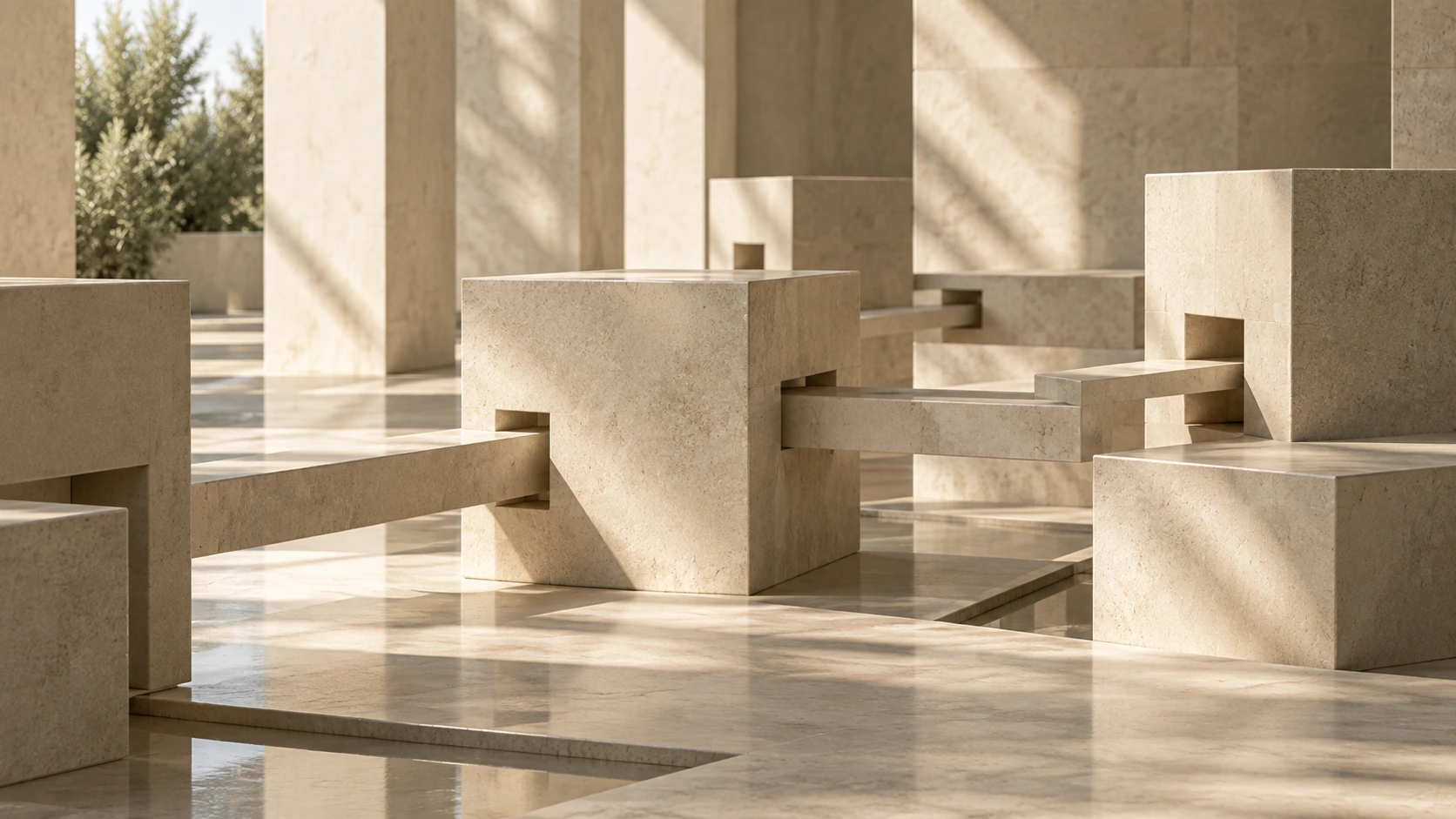 Layered limestone volumes and intersecting architectural spaces