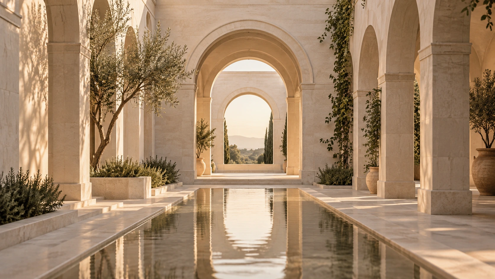 Sunlit Mediterranean cloister reflected in a still courtyard pool
