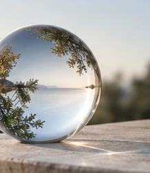 Reflected olive branches and coastal light in curved glass