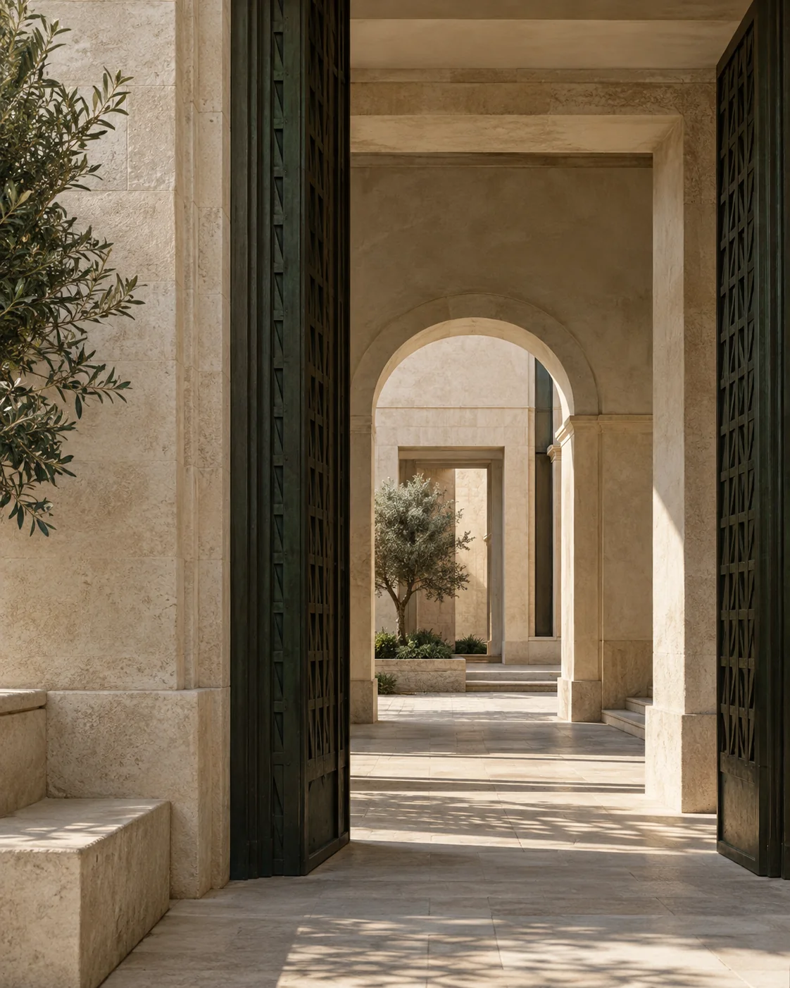 Limestone threshold through successive arches towards daylight