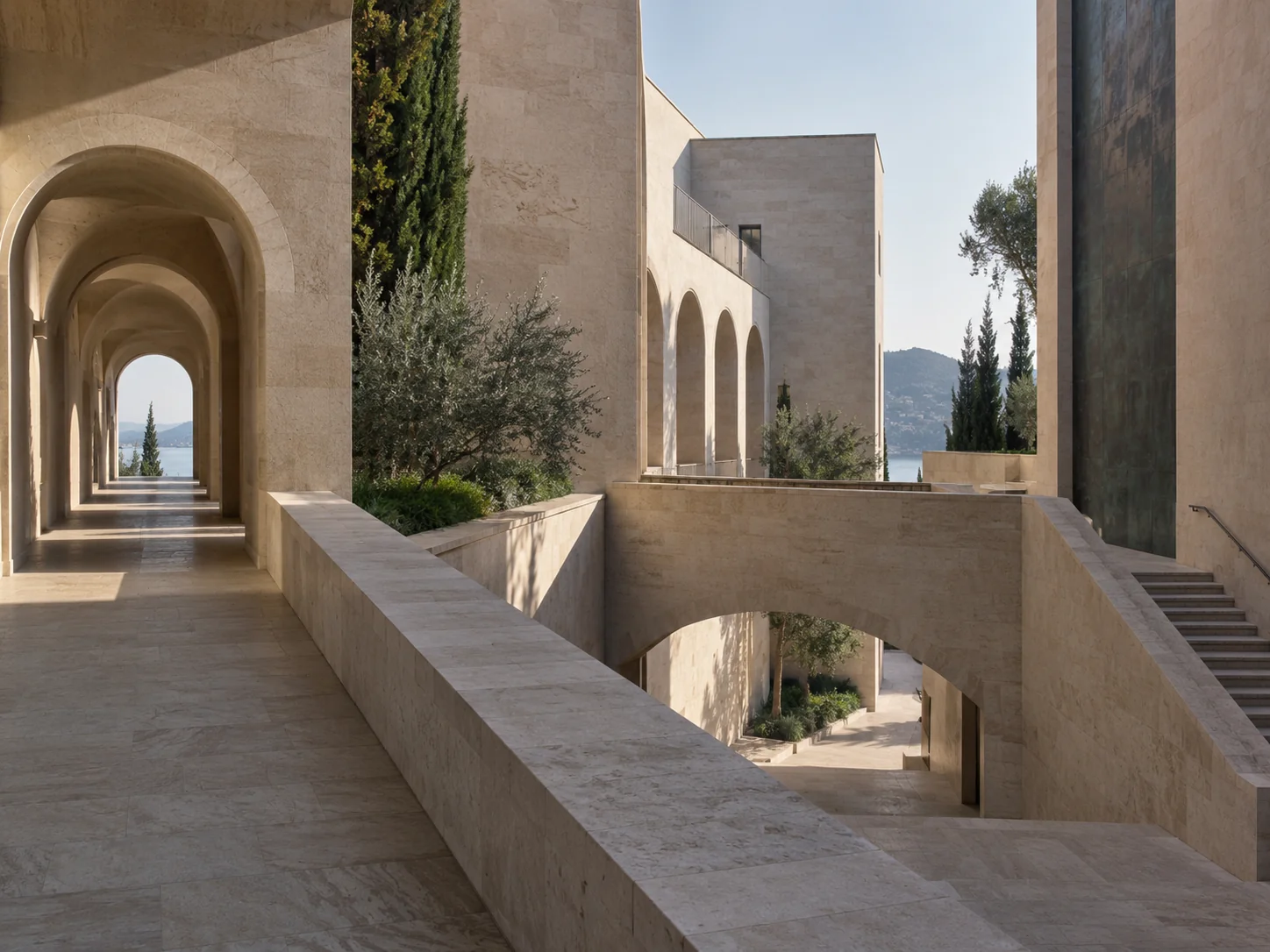 Layered limestone passages, terraces and stairs leading through framed openings
