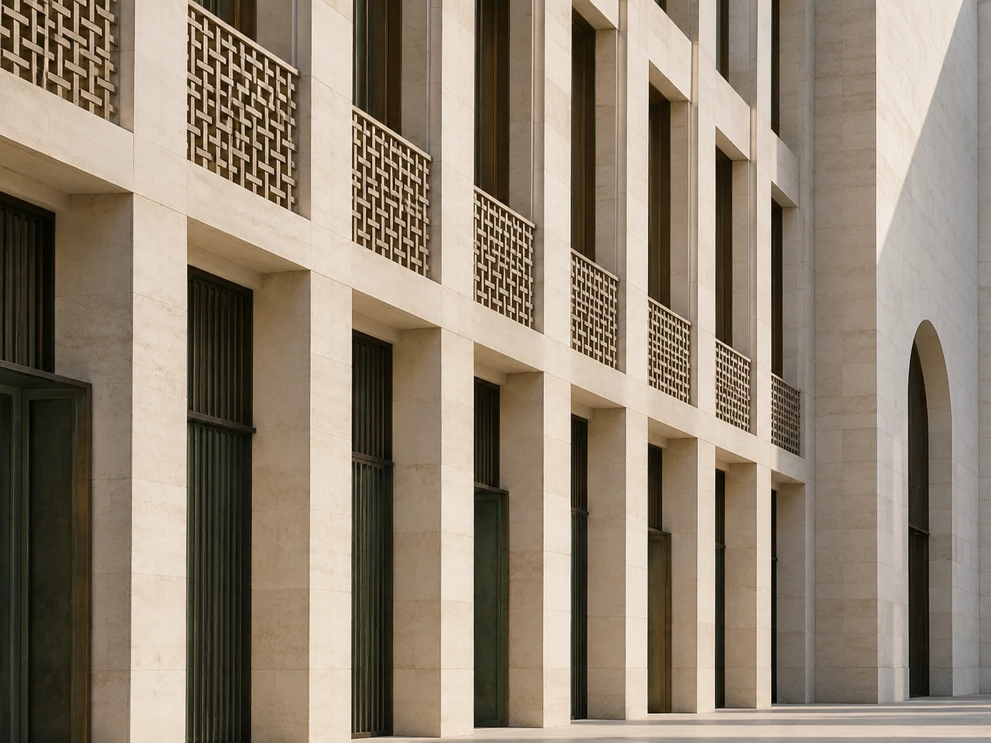 Engineered limestone facade with repeated structural bays and bronze screens