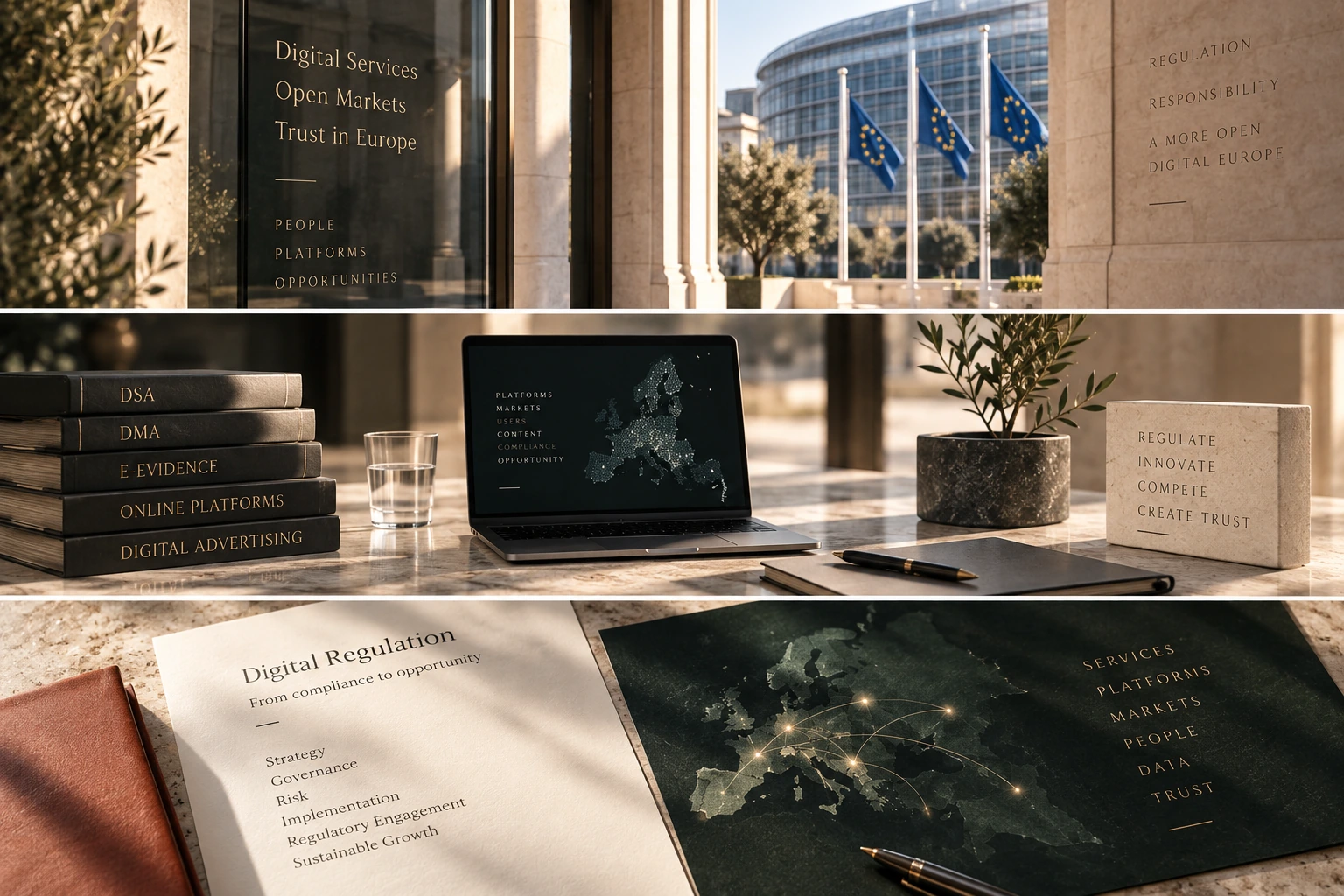 Three editorial views of European architecture, digital-service volumes and regulatory strategy on stone