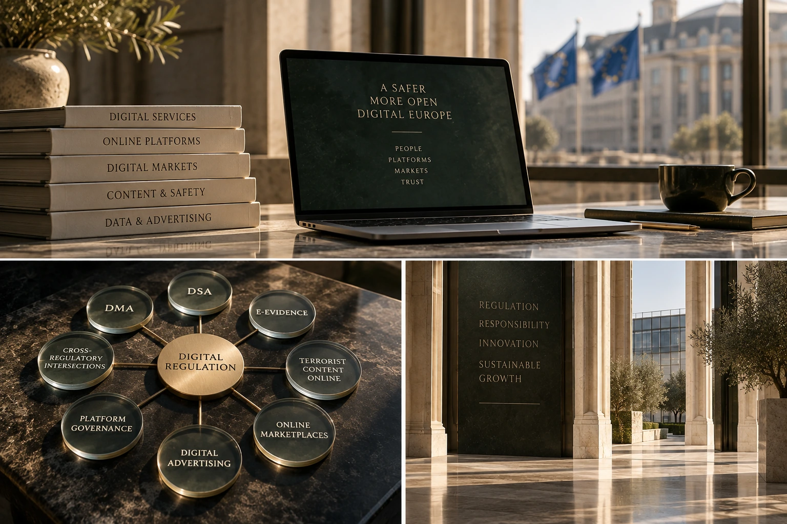 Editorial triptych of digital services, related regulatory frameworks and a sunlit architectural passage