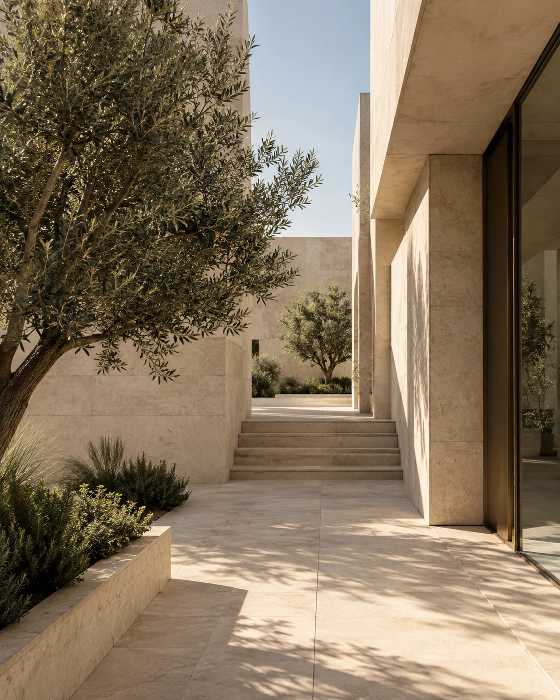 Limestone passage and steps connecting a layered courtyard