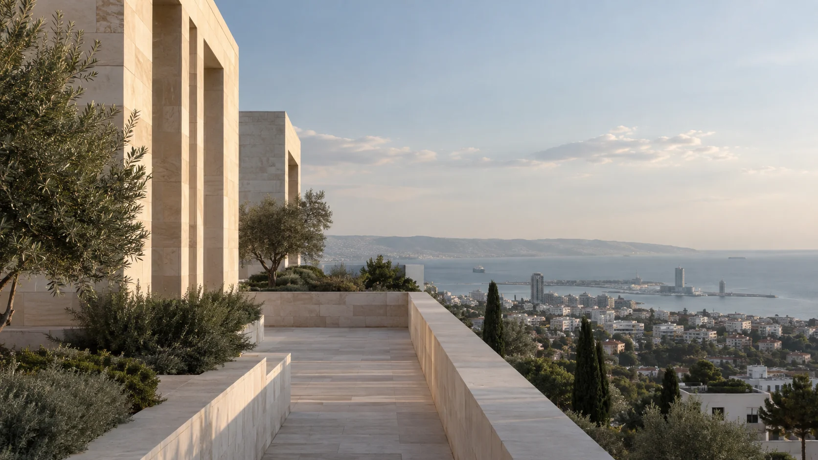 An architectural outlook across a coastal city and its wider urban context