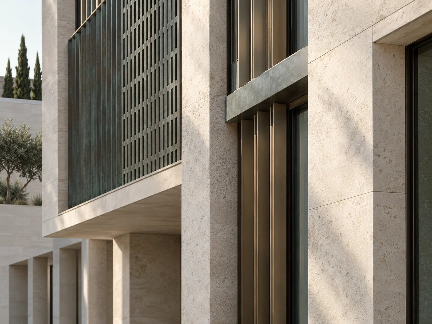 Limestone facade with precisely arranged bronze-green structural screens