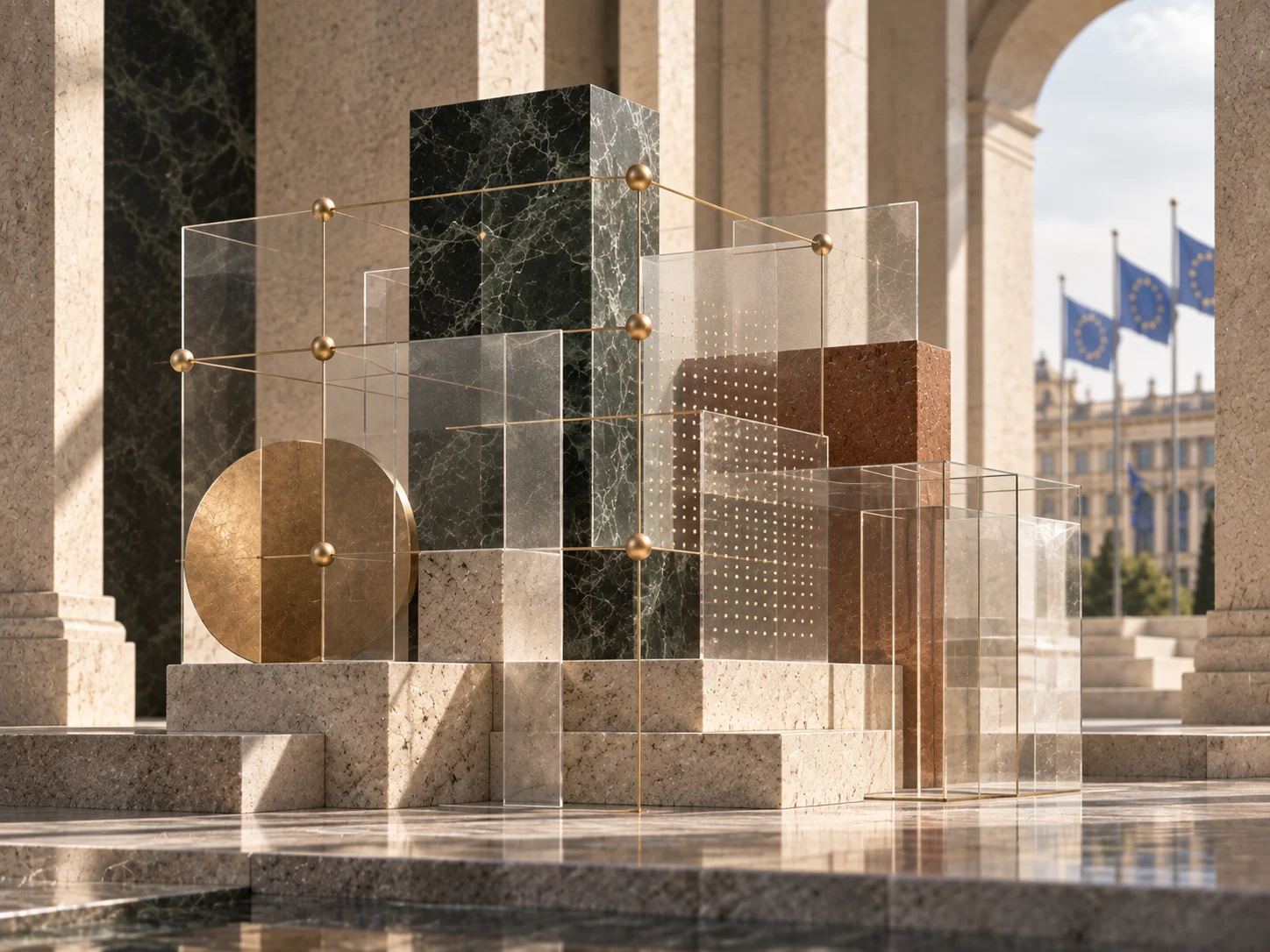 Layered glass and green marble data-space architecture
