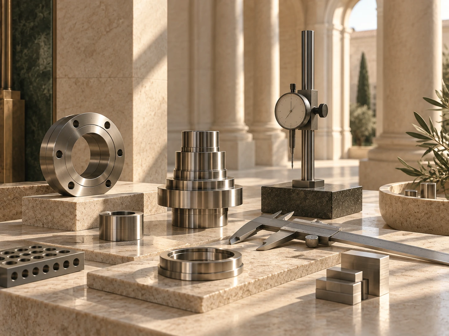 Precision instruments and machined components in warm stone light
