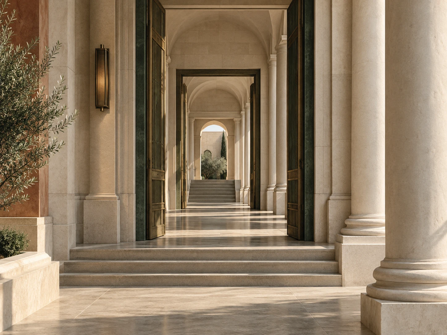 Open bronze doors and limestone thresholds leading through a sequence of architectural spaces