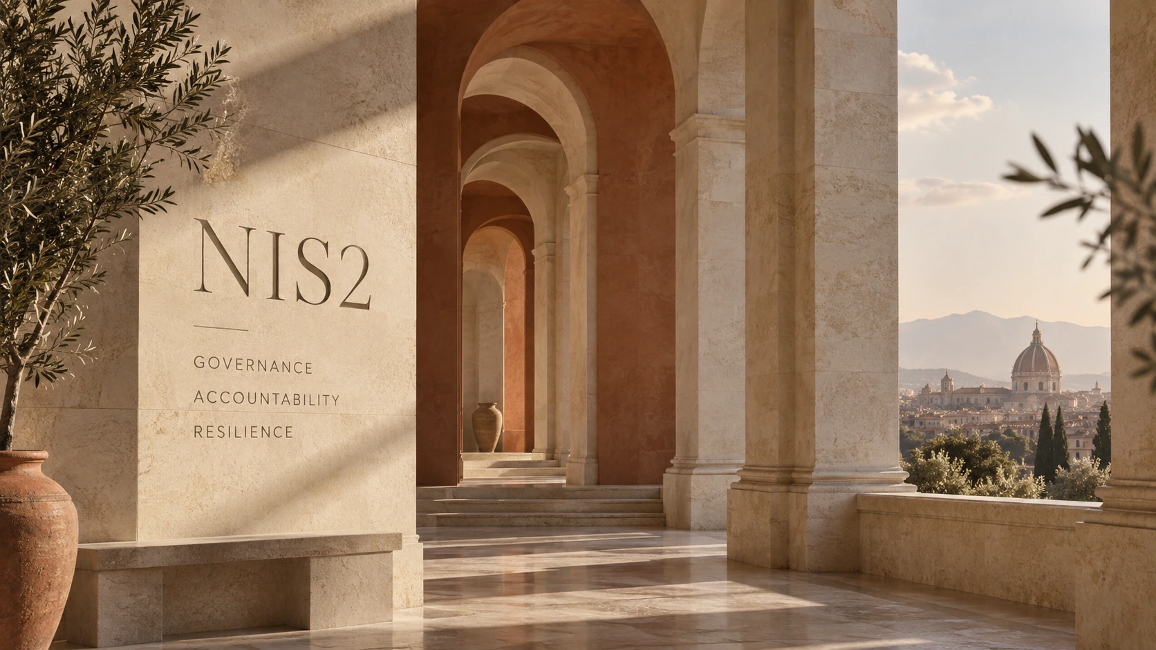 Sunlit limestone colonnade overlooking a European city, with NIS2 governance inscriptions