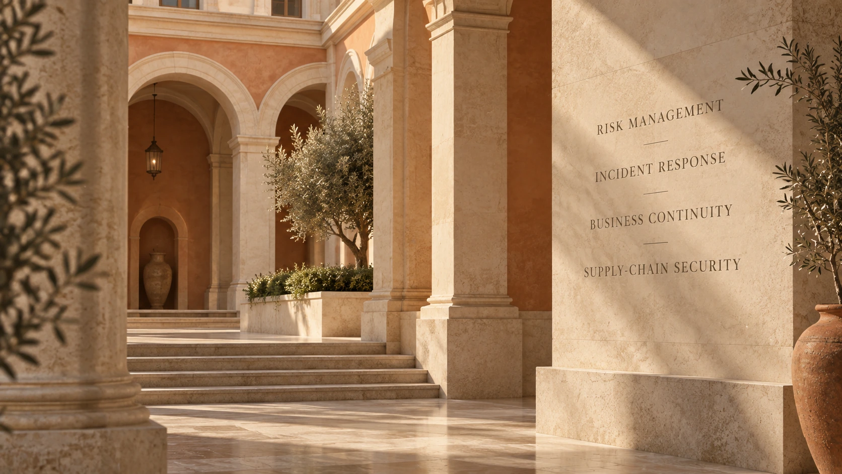 Sunlit cloister with engraved risk management, incident response, continuity and supply-chain themes