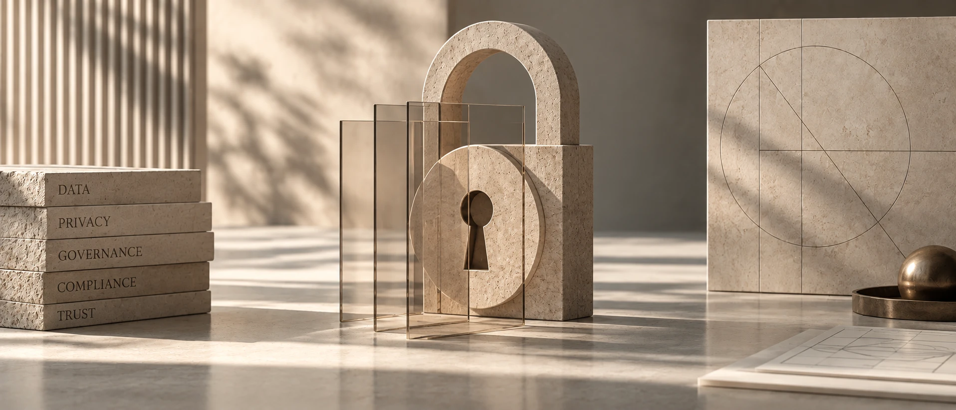 Stone arch and transparent panels beside a stack of governance volumes