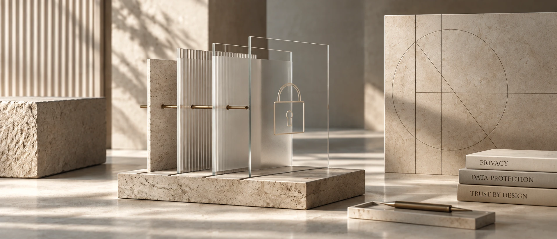 Layered glass and stone privacy sculpture in soft architectural light