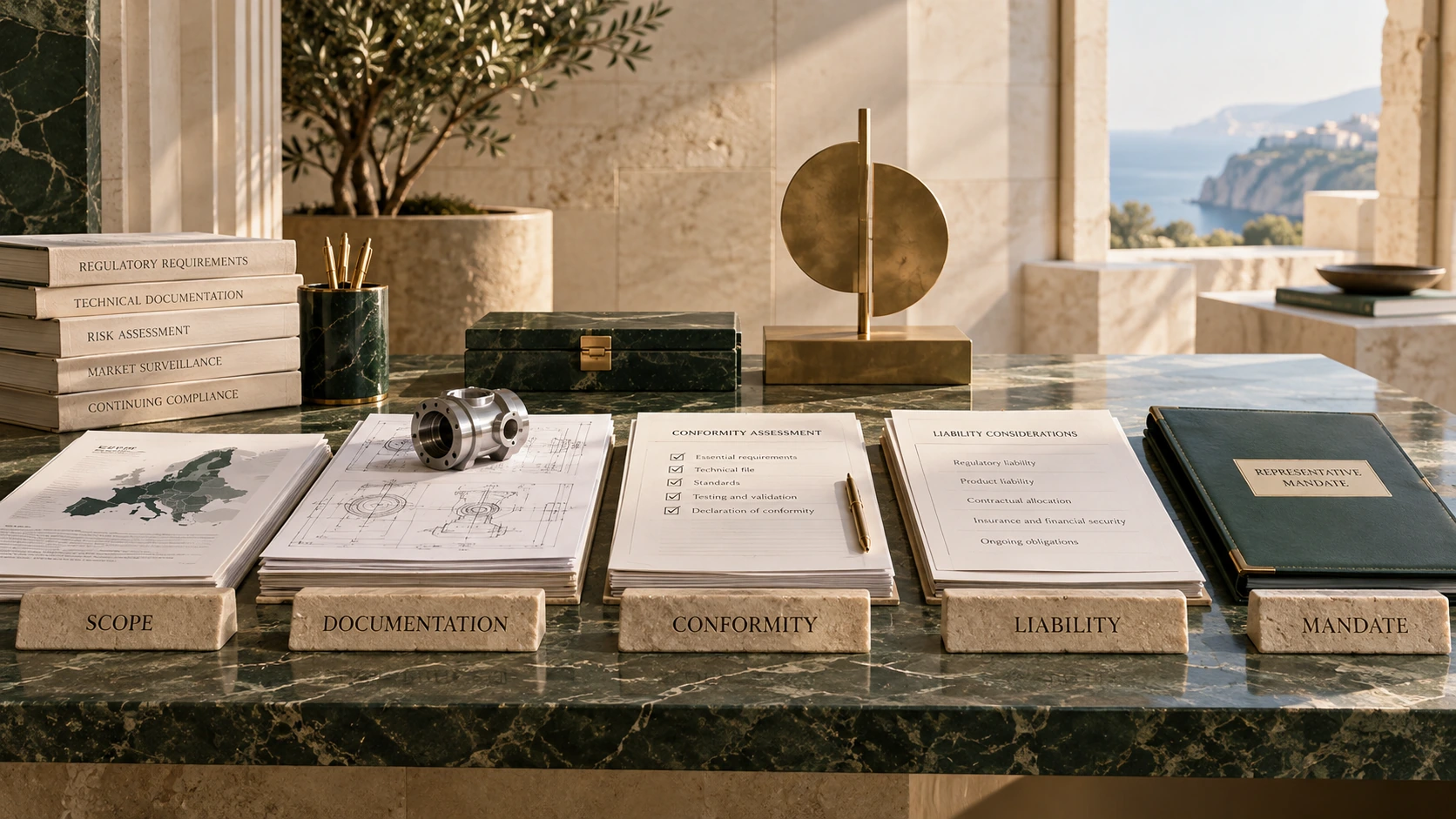 Mandate and conformity documentation with an engineering component on a green stone desk