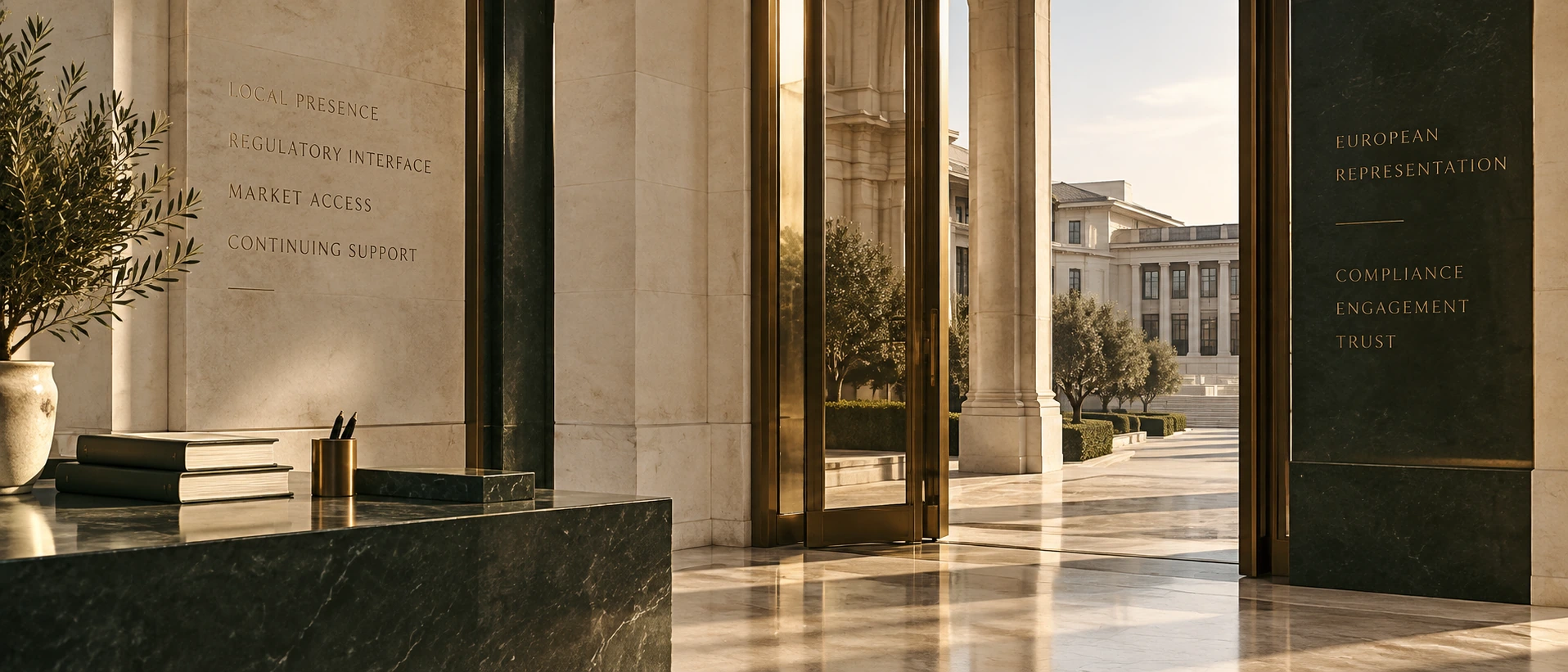 Stone and verdigris European entrance opening onto an institutional courtyard