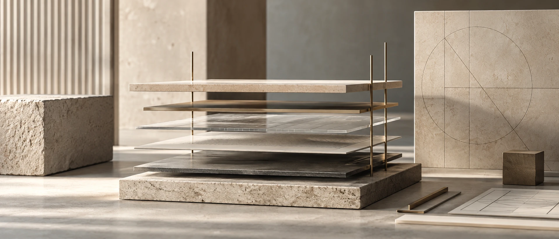 Layered stone, glass and metal materials arranged as a precise architectural assembly
