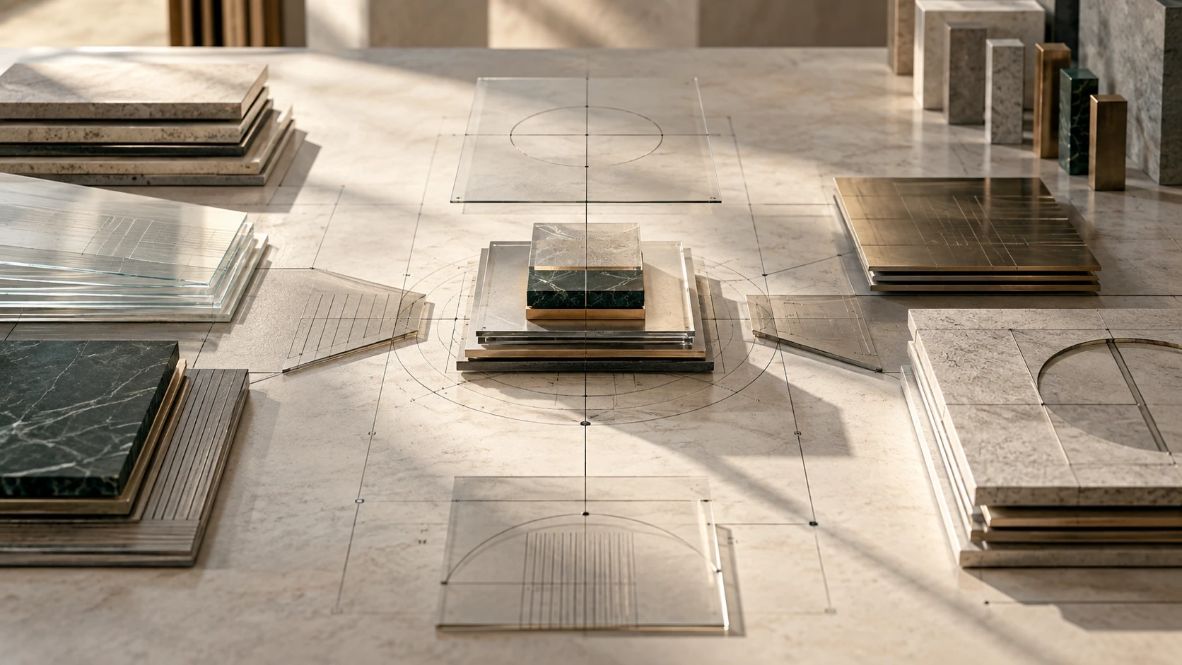 Ordered material samples and transparent geometric drawings on a drafting table