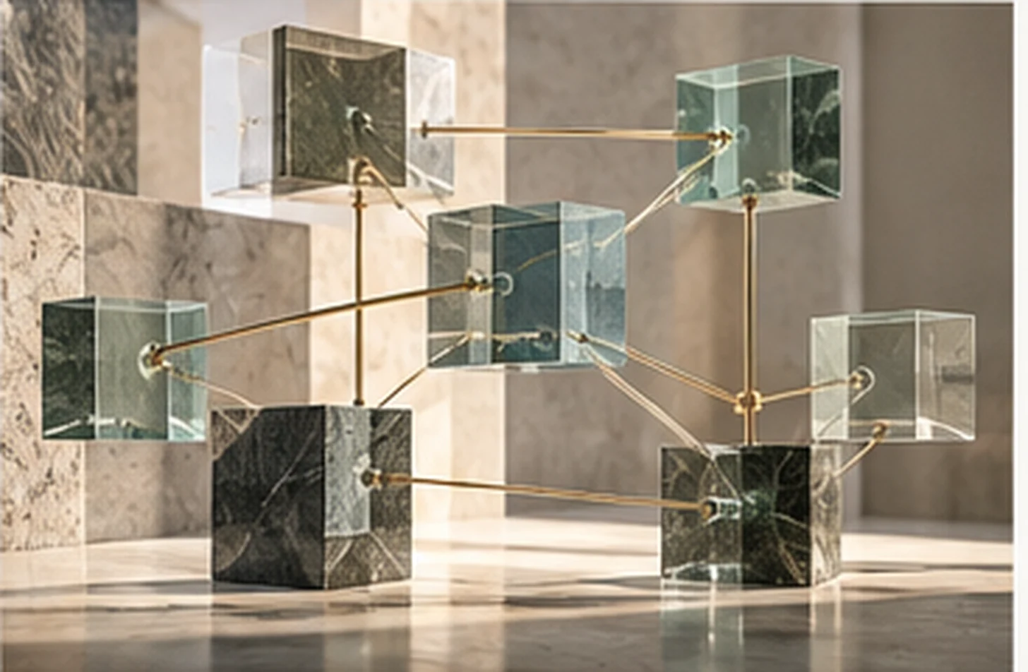 Interconnected translucent and stone architectural forms