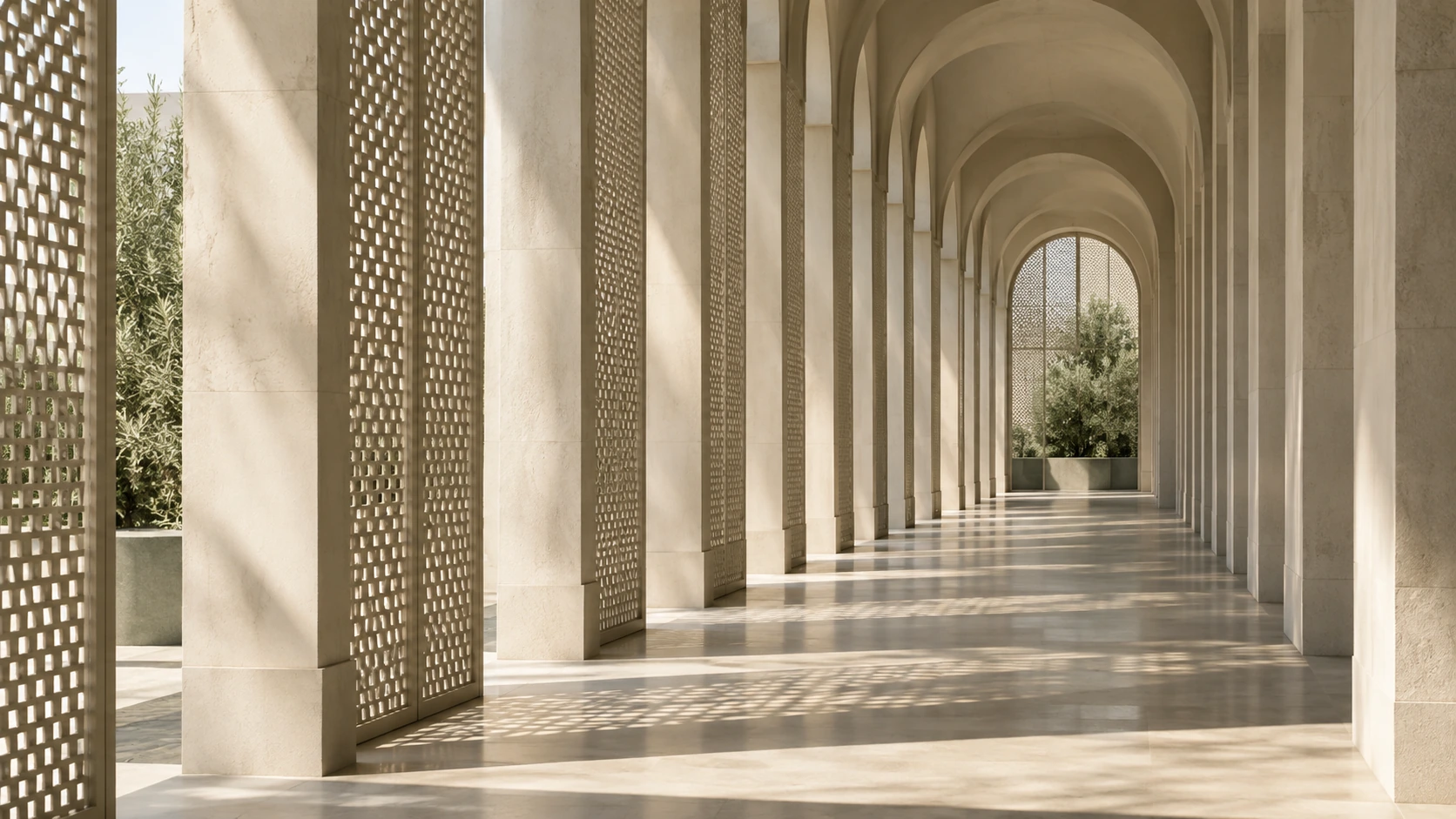 Sunlit limestone colonnade with repeated arches and patterned screens